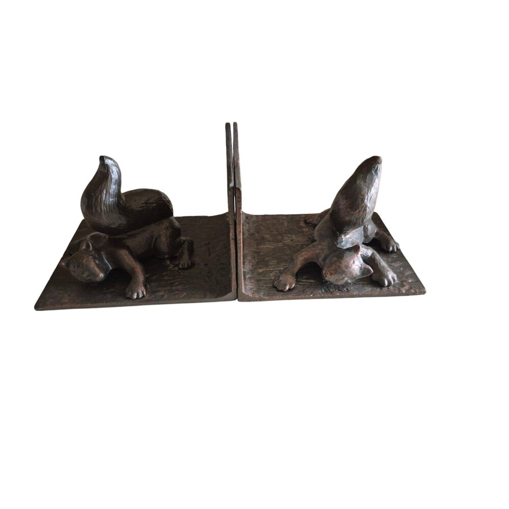 Vintage Mid Century Cast Antique Bronze Brass Heavy Bookends Playful Squirrel